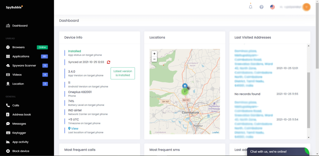 SpyBubble dashboard