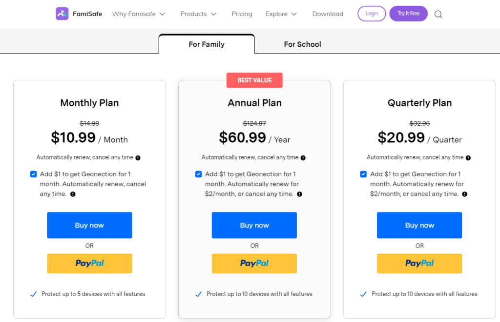 FamiSafe family plan Pricing 