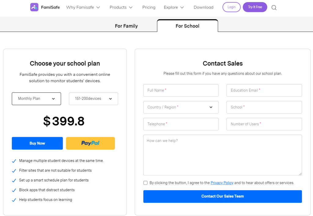 FamiSafe school plan Pricing 