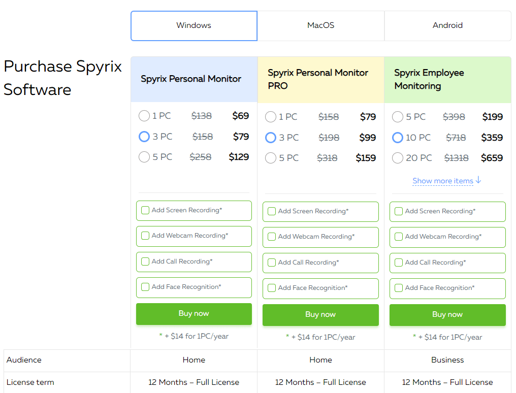 Spyrix Windows Pricing