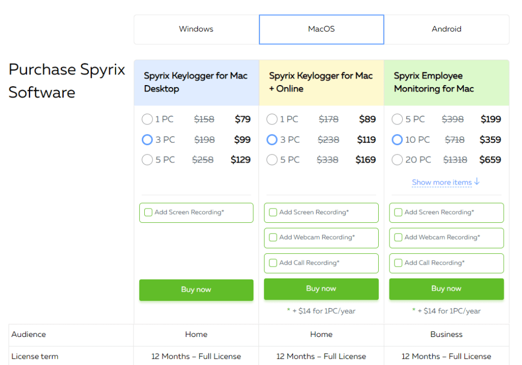 Spyrix Mac Pricing