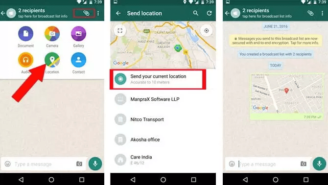 WhatsApp's default location-sharing feature