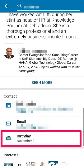 birthday information in contact on linkedin