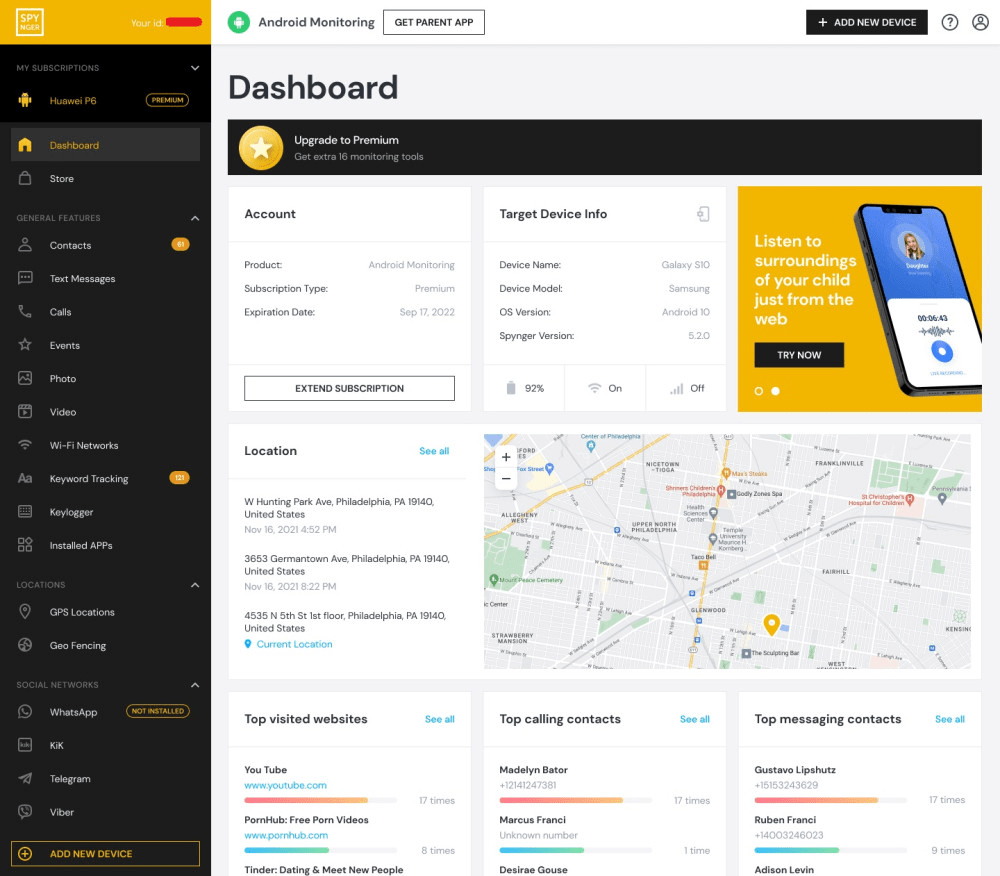 Spynger dashboard