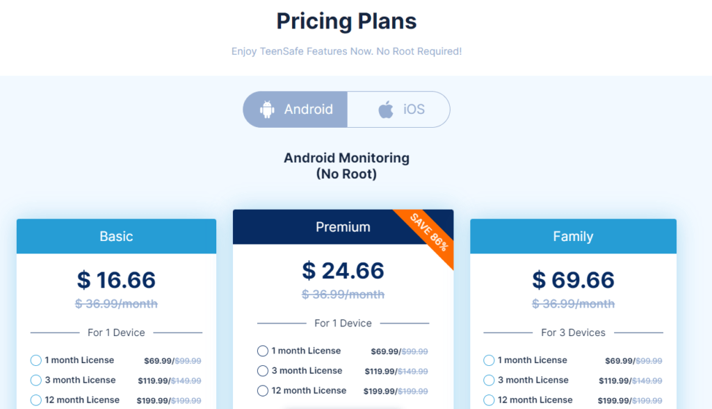 TeenSafe Subscription Plans for Android