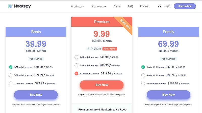 Neatspy Pricing Plans