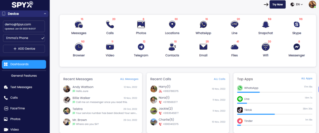 SpyX dashboard